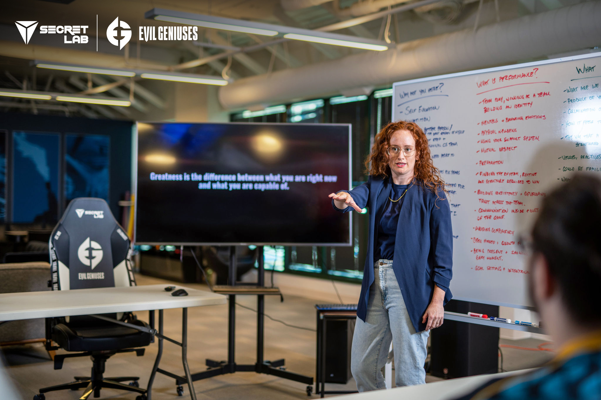 EAB member Dr. Lindsey Migliore (GamerDoc, Esports Medicine Physician and Director of Performance at Evil Geniuses) sharing about the importance of physical and mental well-being at the Ergonomic Wellness Seminar.