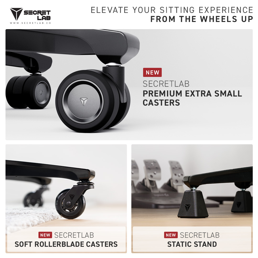Elevate your sitting experience from the wheels up with Secretlab Premium Extra Small Casters, Secretlab Soft Rollerblade Casters, Secretlab Static Stand