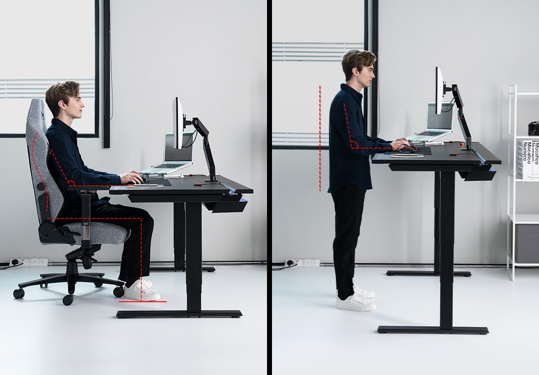 Man sitting in a Secretlab TITAN Evo 2022 while working on the Secretlab MAGNUS Pro Sit-to-Stand Desk and another image of the man working on the MAGNUS Pro Sit-to-Stand Desk while working. 