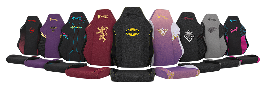 Secretlab SKINS premium gaming chair sleeves - (from left to right) Game of Thrones House Targaryen Edition, League of Legends K/DA POP/STARS Edition, Cyberpunk 2077 Edition, Game of Thrones House Lannister Edition, Dark Knight Edition, League of Legends Star Guardian Edition, The Witcher Edition, Game of Thrones House Stark Edition, League of Legends Jinx Edition