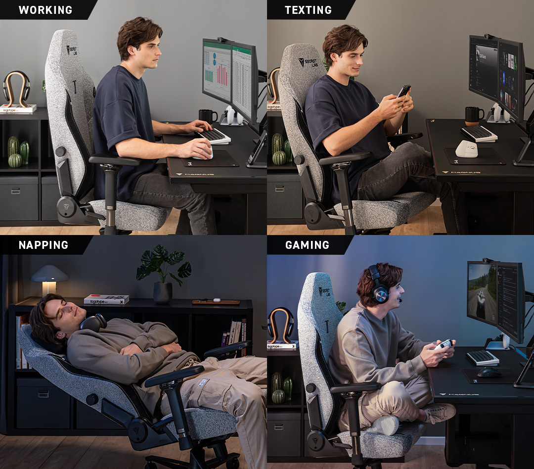 Man sitting in Secretlab TITAN Evo doing multiple activities like working, texting, napping, and gaming.