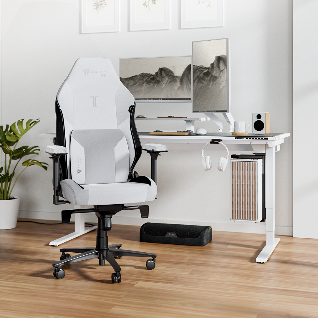 Japandi interior home office featuring the Secretlab MAGNUS Pro Pure White standing desk and TITAN Evo ergonomic chair